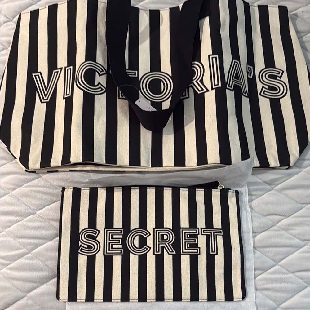 Victoria's Secret Black and White Striped Bag Set